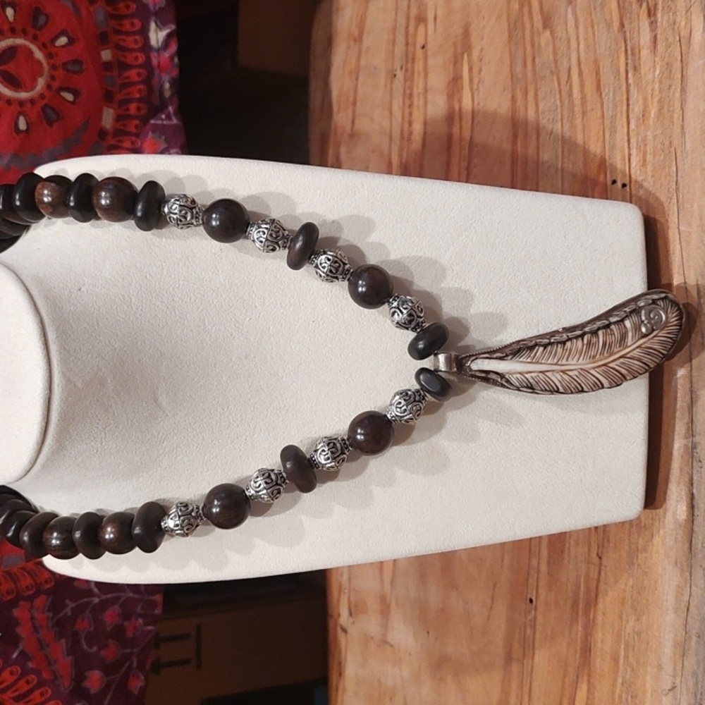 Vintage Carved Feather Tibetan Pendant On Wood And Silver 18 Inch Necklace